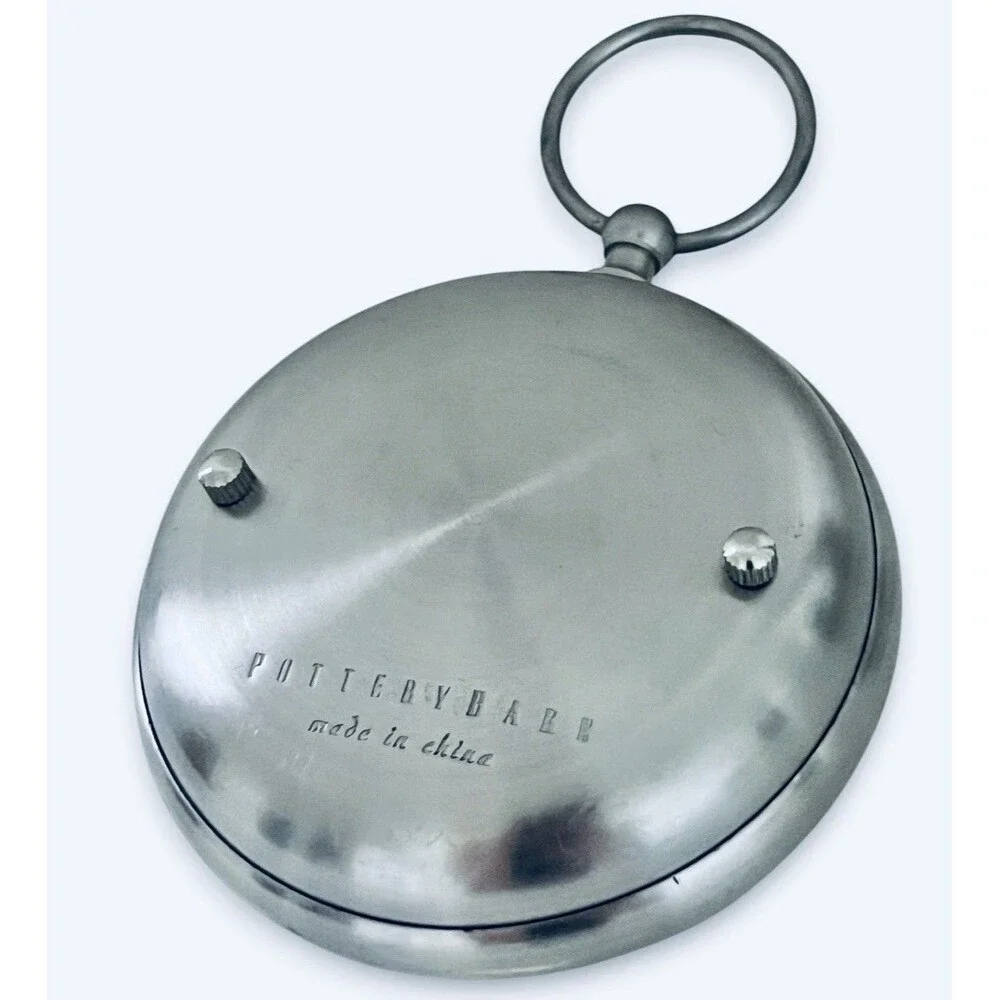 Pottery Barn Round Brushed Silver Pocket watch style Clock Shelf Decor Tested